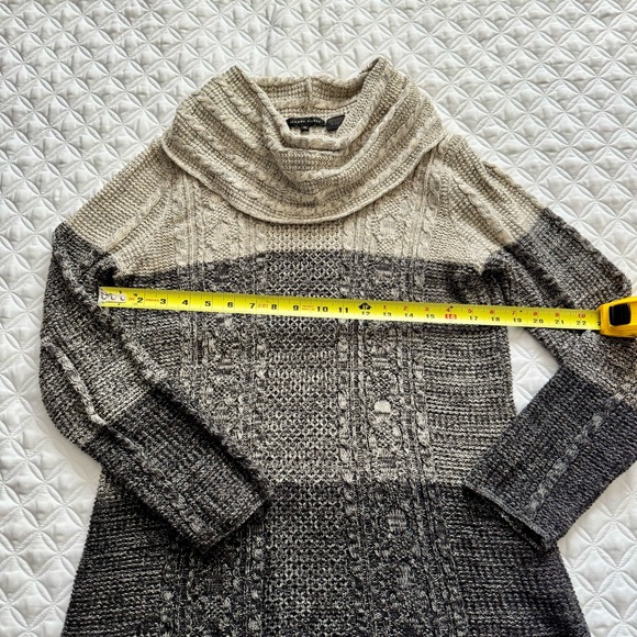 JEANNE PIERRE Beige Gray Black Stripe Cotton Cable Knit Cowl Tunic Sweater Sz M - Picture 5 of 13